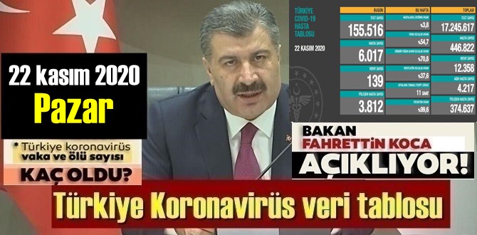 22 kasım 2020 Pazar/ Türkiye Koronavirüs veri tablosu, bugün 139 kişi Vefat etti!