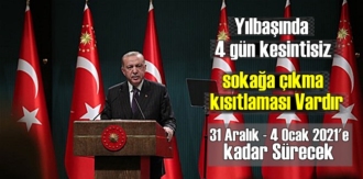 31 Aralık perşembe saat 21.00'den itibaren 4 Ocak 2021'e kadar Kısıtlama geldi!