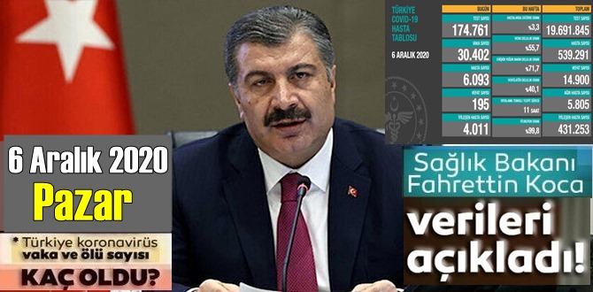 6 Aralık 2020 Pazar/ Türkiye Koronavirüs veri tablosu açıklandı