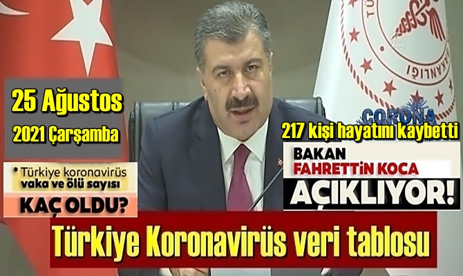 25 Ağustos 2021 Çarşamba Bakanlık bugünün Koronavirüs tablosunu açıkladı 217 kişi hayatını kaybetti